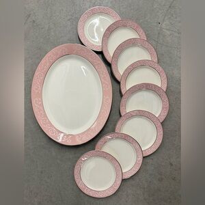 Unbranded Pink Porcelain Oval Platter w 8 Plates. Appetizer Dessert Charcuterie
